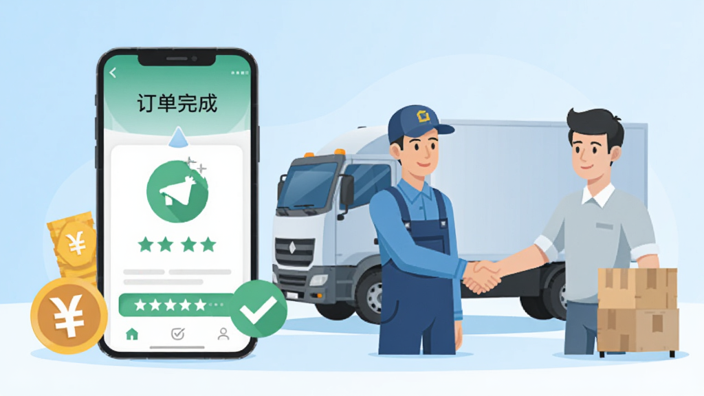 拉货找货司机运费结算流程展示图,画面中一部手机显示订单完成页面与支付成功图标,旁边有货车司机与货主握手示意,背景为浅蓝色渐变,风格为商务扁平插画,细节包含人民币符号、星级评价、对勾图标,画质明亮干净