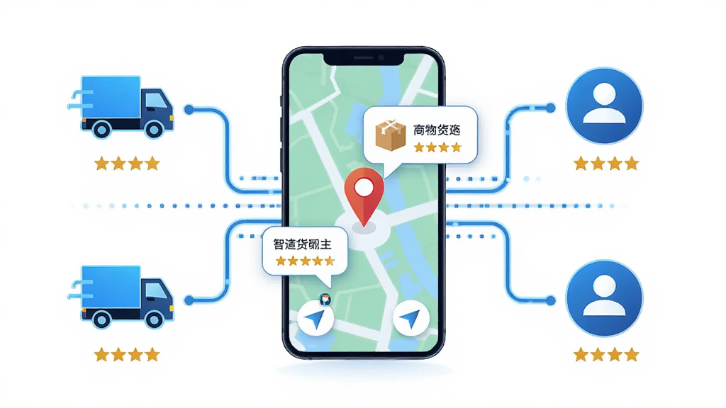 拉货找货司机智能匹配界面示意图,画面中心是手机屏幕显示地图定位与货源气泡,周围环绕数据流线条连接货车图标与货主图标,风格为现代科技感矢量图,细节包含定位指针、货物标签、星级评分,画质干净清晰,无多余杂乱元素