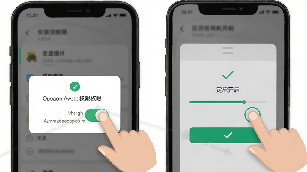 拉货找货司机手机端操作步骤图解,画面为一部竖屏手机显示安装权限弹窗与定位开启界面,旁边有手指点击示意,风格为简洁UI示意图,细节包含权限开关、进度条、对勾图标,画质清晰干净,无杂乱背景