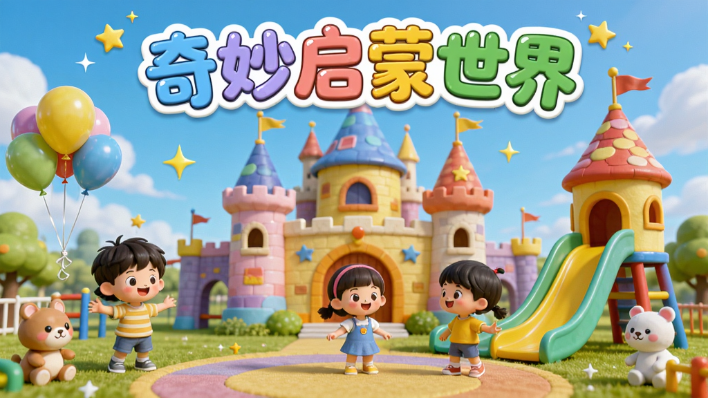 整体画面为奇妙启蒙世界儿童乐园场景,主体是几个卡通小朋友在彩色城堡前玩耍,布局采用横向全景构图,排版上软件名称“奇妙启蒙世界”以圆润气泡字置于画面上方,风格为明快3D卡通渲染,细节包括气球、滑梯、小动物和闪烁星星,画质高清鲜艳,干净无多余元素