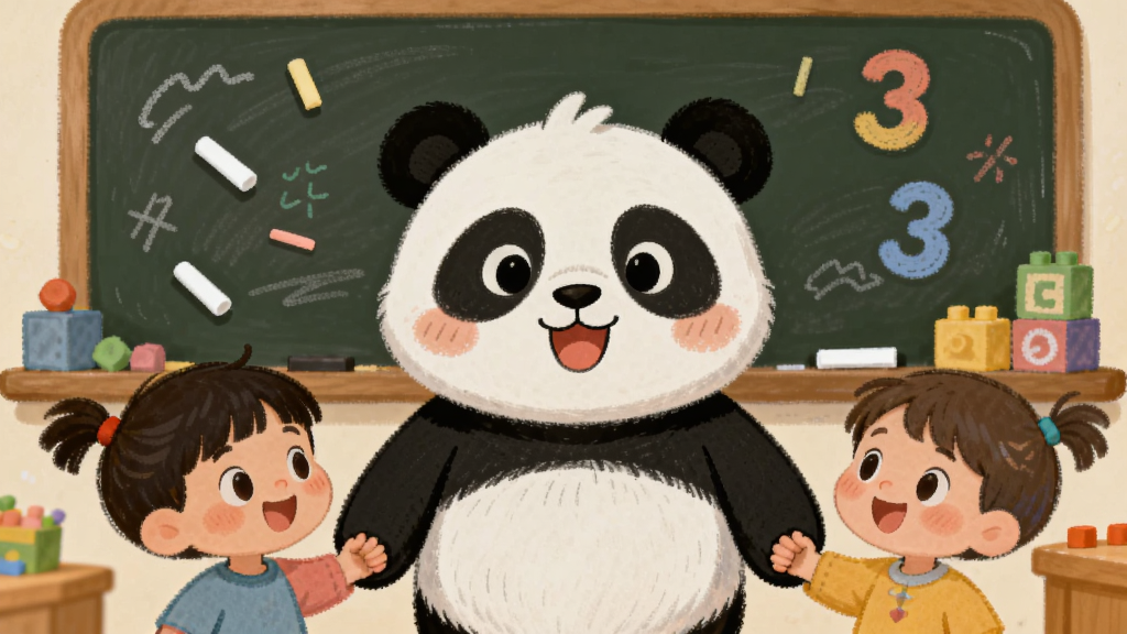 画面主体为奇妙启蒙世界里的卡通熊猫老师与小朋友手拉手,布局是中心对称构图,排版上角色表情生动,风格为温暖手绘风,细节包括黑板、粉笔、彩色积木和漂浮的字母数字,画质细腻柔和,干净无多余元素