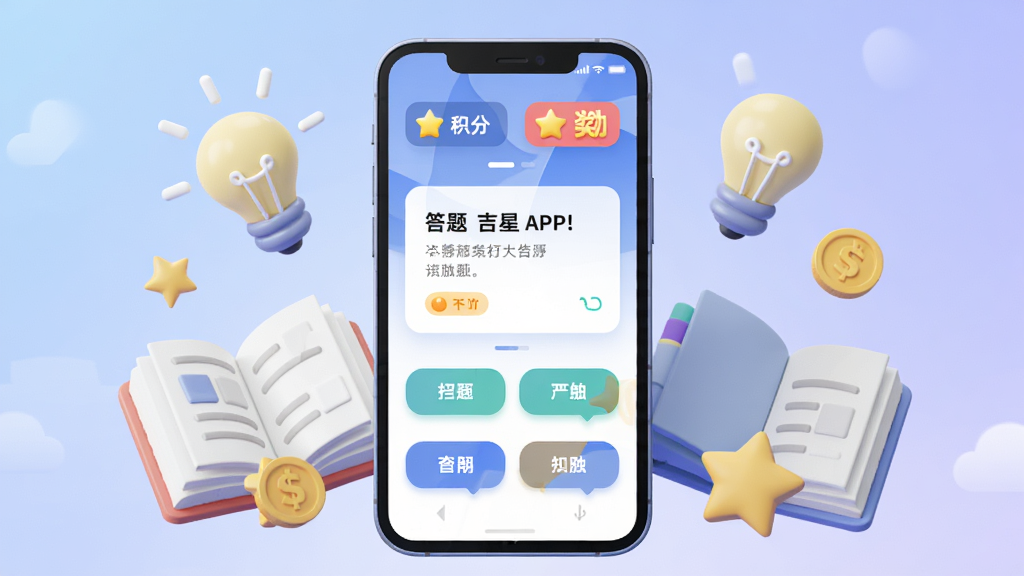 画面中央展示一部智能手机,屏幕上打开着答题吉星APP主界面,界面显示题目卡片与四个选项按钮,顶部有积分和奖励图标。手机周围环绕着书本、灯泡、金币、星星等象征知识与奖励的立体元素。布局采用居中对称构图,排版清晰,风格为现代扁平化3D渲染,细节上手机屏幕有轻微反光,背景为柔和的蓝紫渐变色调。画质为4K高清,画面干净整洁,无多余元素。