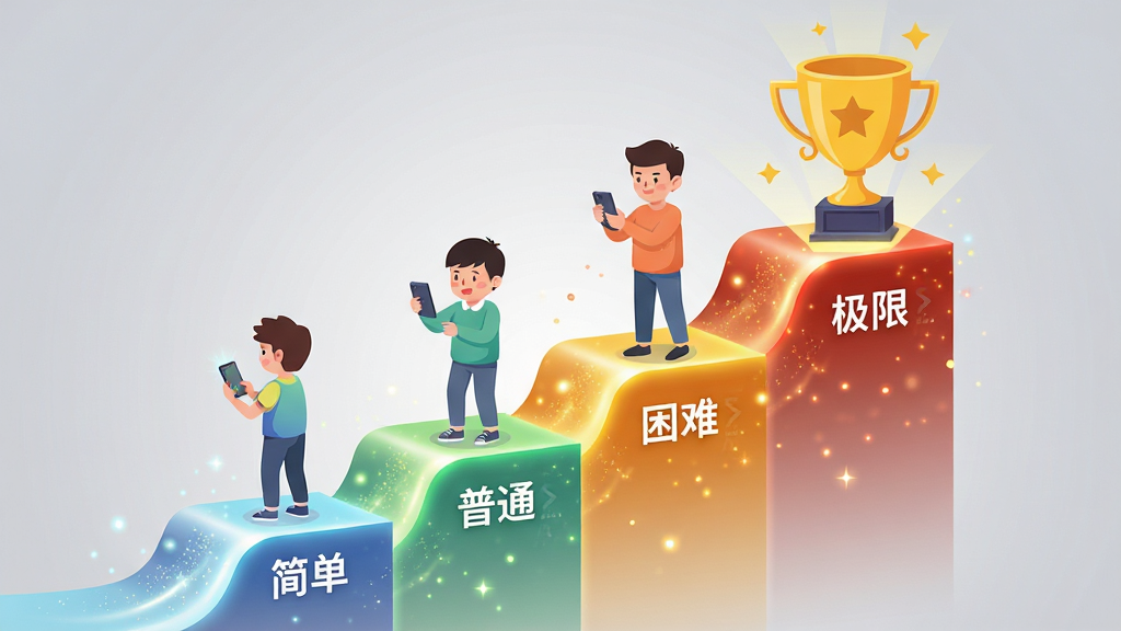 画面中央是一个由光带组成的上升阶梯,阶梯分为“简单”“普通”“困难”“极限”四个层级,每层阶梯上站着不同年龄段的卡通人物,他们手持手机正在答题。阶梯顶端有一个金色的答题吉星奖杯。布局采用对角线上升构图,排版动感流畅,风格为扁平化插画风,细节上光带带有粒子效果,背景为浅灰色渐变。画质为4K高清,画面干净,无多余元素。