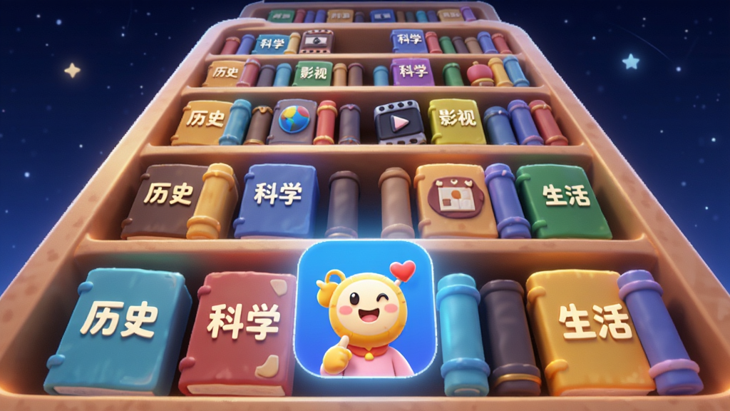 画面主体为一个发光的巨大虚拟书架,书架上排列着不同颜色的书籍,每本书封面分别写着“历史”“科学”“影视”“生活”等字样。书架前方悬浮着一个答题吉星的APP图标。布局采用竖向延伸的透视构图,排版层次分明,风格为卡通3D渲染,细节上书籍带有轻微发光效果,背景为深蓝色星空。画质为4K高清,画面干净,无多余元素。