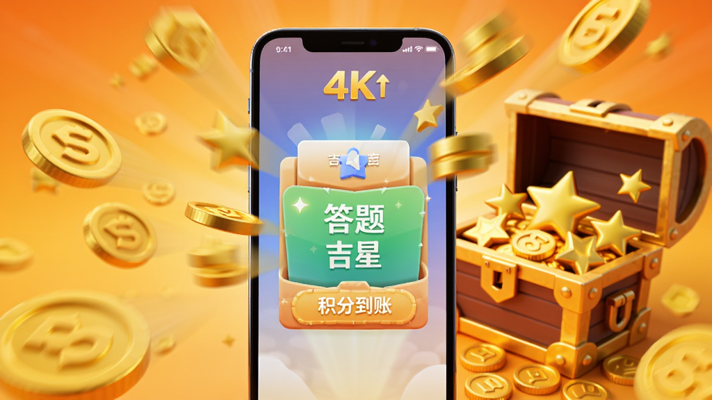 画面中心是一部手机特写,屏幕上显示答题吉星的积分到账动画,金币从屏幕中飞出散落在周围。手机旁边有一个打开的宝箱,宝箱内装满金币和星星。布局采用居中放射状构图,排版突出视觉焦点,风格为写实3D渲染,细节上金币有金属光泽和动态模糊效果,背景为暖橙色渐变。画质为4K高清,画面干净,无多余元素。