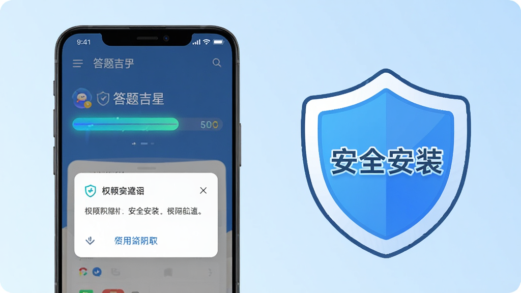 画面展示一部安卓手机正在安装答题吉星APP,屏幕上显示安装进度条和权限请求弹窗。手机旁边有一个卡通盾牌图标代表安全防护,盾牌上写着“安全安装”字样。布局采用左右构图,左侧手机右侧盾牌,排版简洁明了,风格为扁平化科技风,细节上进度条有光效,背景为浅蓝色渐变。画质为4K高清,画面干净,无多余元素。