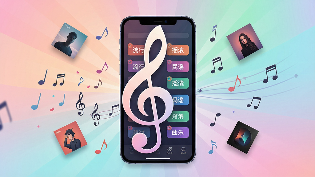一幅AI生图,主题为“免费音乐”海量曲库,画面主体是一个巨大的音乐符号与手机屏幕融合,屏幕中展现多个音乐分类标签如流行、摇滚、民谣等,背景为柔和的渐变色,布局采用中心放射式排版,风格现代简约,细节包括音符飘散、专辑封面悬浮等元素,画质高清干净,无多余元素