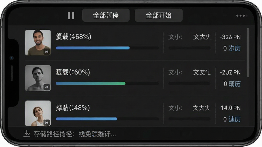 免费音乐下载管理界面截图,画面主体为手机屏幕,屏幕上显示下载列表,包含歌曲名称、下载进度条、文件大小、下载速度等信息,界面顶部有“全部暂停”“全部开始”按钮,底部有存储路径提示,风格为深色主题,布局为垂直列表式,细节包括进度百分比、剩余时间等,画质高清干净,无多余元素