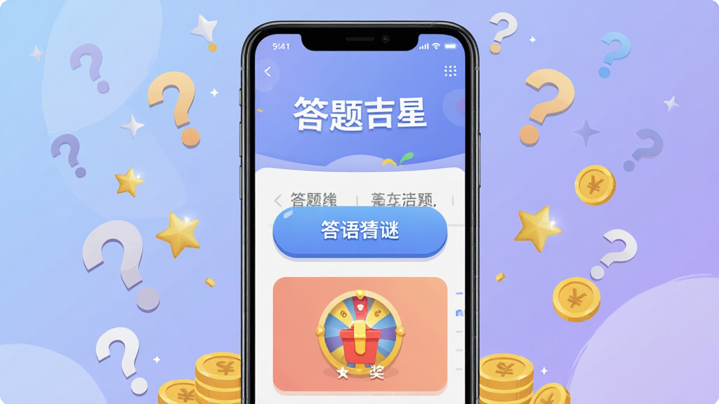 一张手机屏幕展示答题吉星应用主界面的场景图,画面中央放置一部竖屏智能手机,屏幕内呈现答题吉星APP的首页,包含醒目的答题按钮、成语猜谜入口和抽奖转盘图标,手机周围环绕着问号、星星、金币等装饰元素,背景为柔和的蓝紫色渐变,整体布局居中对称,风格为扁平化插画,细节清晰,画质高清,画面干净,无多余元素