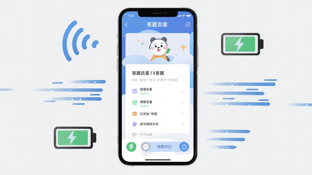 一张展示答题吉星在手机上流畅运行的场景图,画面中央为一部智能手机,屏幕显示答题吉星答题界面,手机周围有信号图标、电池图标、速度线条等元素,背景为简洁的浅灰色,布局为手机居中、元素环绕,风格为科技感扁平插画,细节清晰,画质高清,画面干净,无多余元素