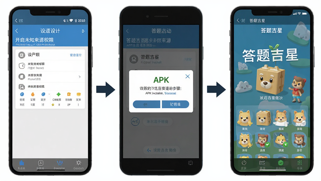 一张展示答题吉星安装步骤的示意图,画面分为三个部分,左侧为手机设置中开启未知来源权限的界面,中间为APK安装确认弹窗,右侧为答题吉星首次启动后的主界面,三部分用箭头连接,布局为横向排列,风格为扁平化教程插画,细节清晰,画质高清,画面干净,无多余元素