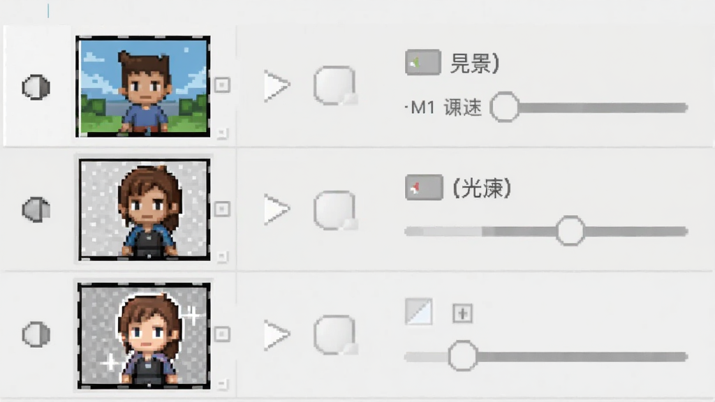 一张Pixel像素板图层面板界面截图,画面中显示三个图层缩略图,分别标注背景、角色、高光,每个图层旁有可见性开关与透明度滑块,界面简洁,布局清晰,背景为浅色,细节干净,无多余元素