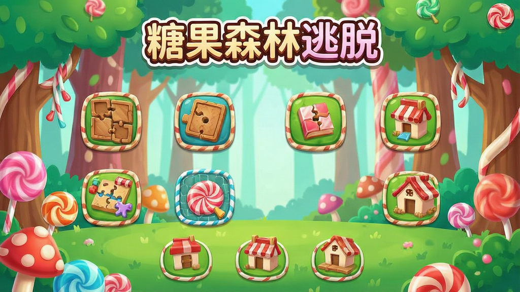 一张展示糖果森林逃脱游戏界面的示意图,画面中有多个解谜关卡图标和经营元素,背景是糖果色的森林,风格清新简洁,画质干净,画面中包含“糖果森林逃脱”文字,无多余装饰