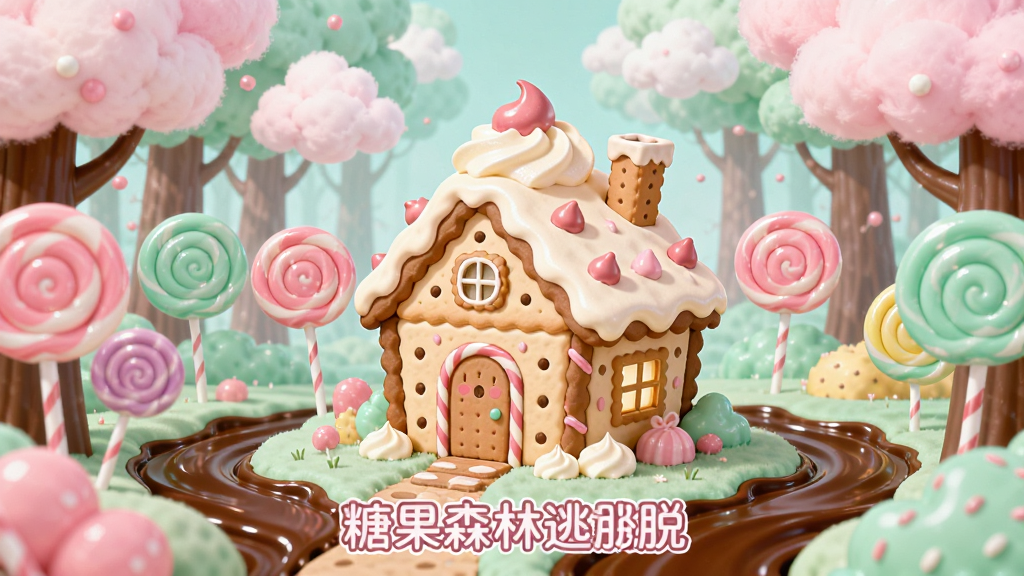一幅甜美梦幻的糖果森林场景插画,画面中央是一座由饼干和奶油搭建的小屋,周围有棒棒糖树木和巧克力河流,天空中飘着棉花糖云朵,整体色调以粉色、浅黄和薄荷绿为主,风格卡通治愈,细节丰富,画质清晰干净,画面中带有“糖果森林逃脱”字样,无多余元素