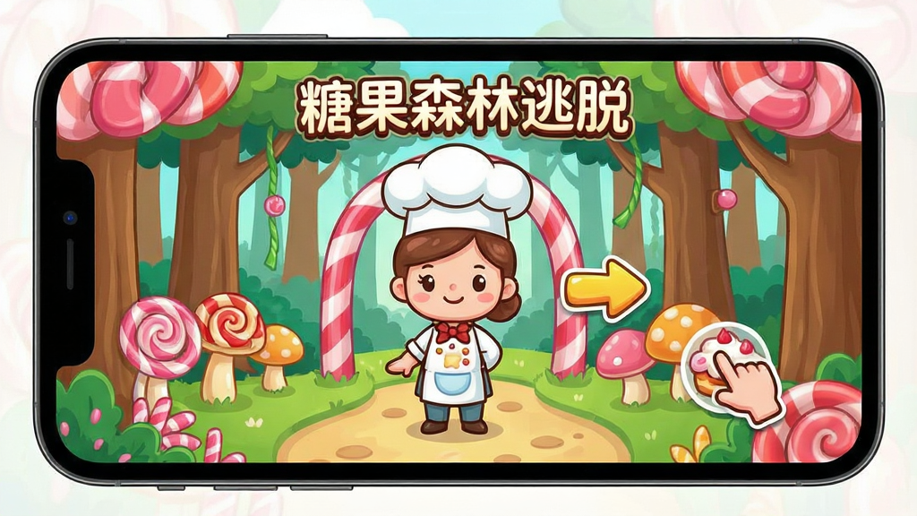 一张糖果森林逃脱游戏的新手引导界面示意图,画面展示手机屏幕中一位卡通甜点师站在糖果森林入口,旁边有箭头指引点击操作,风格清新可爱,画质清晰,画面中包含“糖果森林逃脱”文字,布局简洁