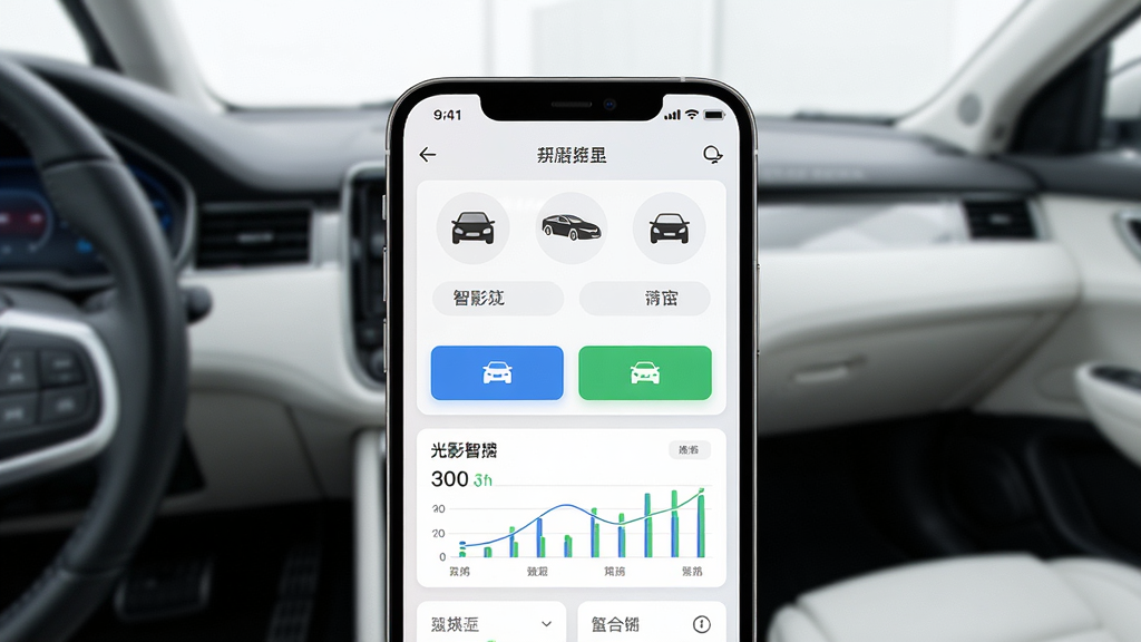 光影智控手机APP界面展示,画面中央是一部现代智能手机,屏幕上显示车辆控制面板和状态信息,背景为简洁的车内环境,布局清晰,排版规整,风格科技简约,细节包括车辆图标、控制按钮、数据图表,画质高清,干净,无多余元素