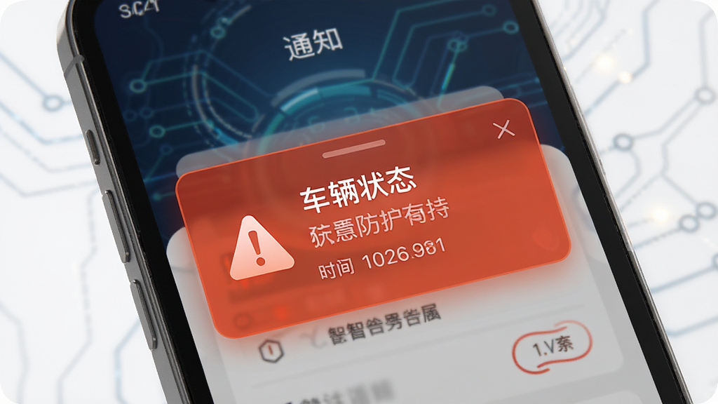 光影智控安全防护提醒功能,画面主体为手机接收告警通知的界面,布局以弹窗形式展示,排版醒目,风格安全科技感,细节包括告警图标、车辆状态、时间信息,画质高清,干净,无多余元素