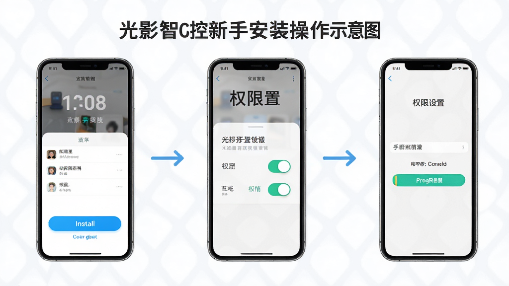 光影智控新手安装操作示意图,画面主体为手机安装界面和权限设置页面,布局以步骤形式排列,排版清晰,风格简洁明快,细节包括安装按钮、权限开关、进度条,画质高清,干净,无多余元素