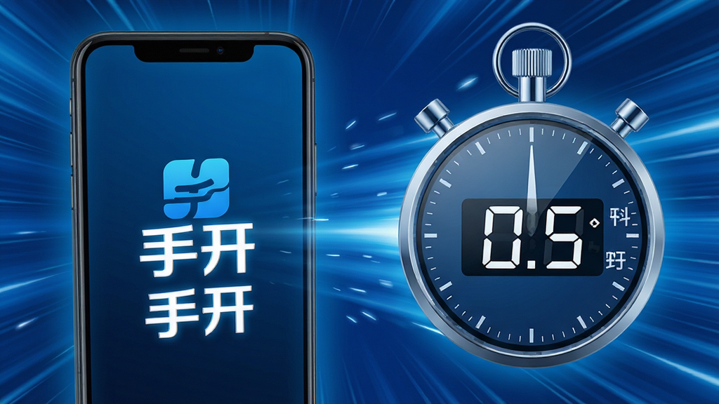 一张展示手开软件极速启动特性的概念图,画面左侧是一部手机屏幕刚刚亮起显示手开LOGO,右侧是秒表计时器显示0.5秒,背景是速度线动效,风格为动感科技蓝,画面中带有“手开”文字标识,干净简洁,画质锐利,无杂乱元素