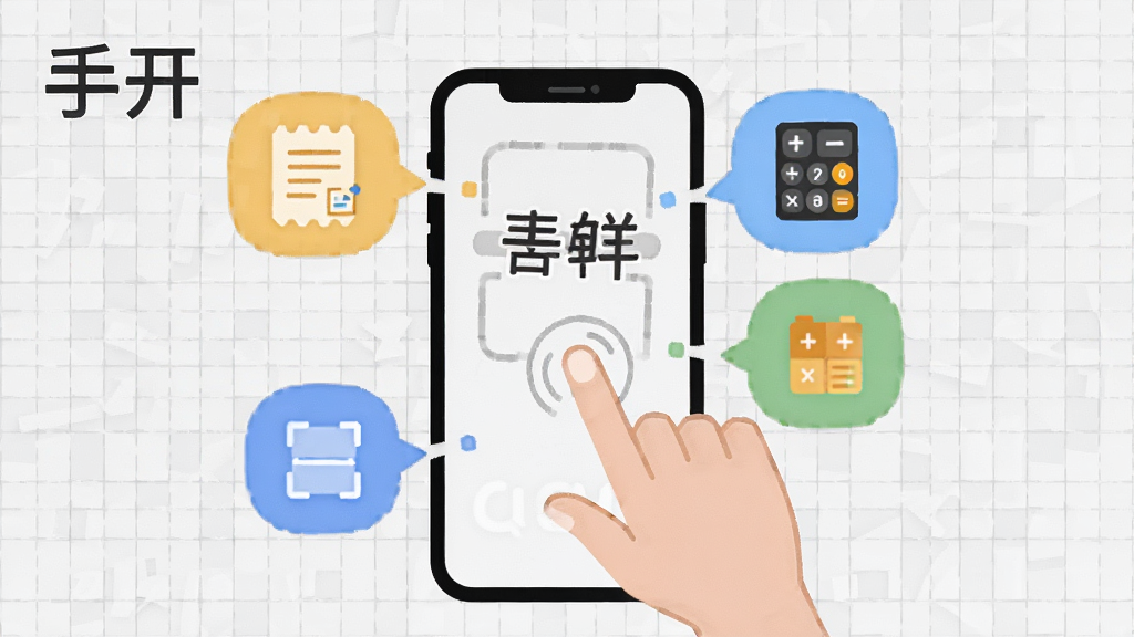一张展示手开软件手势操作的教学示意图,画面中一只手正在手机屏幕上做出双击动作,屏幕周围浮现出笔记、扫描、计算器等快捷功能气泡,背景为浅灰色网格,风格为教程说明类插画,画面中包含“手开”文字,元素清晰,画质干净,无杂乱背景