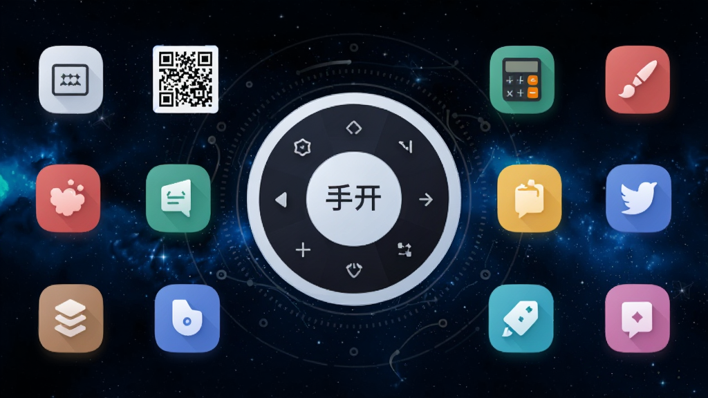 一张展示手开软件多功能集成面板的示意图,画面中央是一个悬浮的圆形控制面板,周围环绕着文本、二维码、计算器、画笔等彩色图标,背景为深色星空纹理,图标带有轻微发光效果,整体布局对称有序,风格为现代极简科技风,画面中包含“手开”字样,画质高清,元素干净