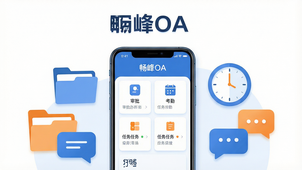 主体为一部智能手机,屏幕中显示“畅峰OA”移动办公界面,包含审批、考勤、任务卡片等模块;布局为手机居中,周围环绕文件夹、时钟、对话气泡等办公元素;排版简洁对称,上方留有空白用于标题文字;风格为现代扁平化商务插画,色调以蓝白为主,辅以少量橙色点缀;细节上屏幕内容清晰可辨,图标圆润统一,光影柔和;画质高清,干净,无多余元素
