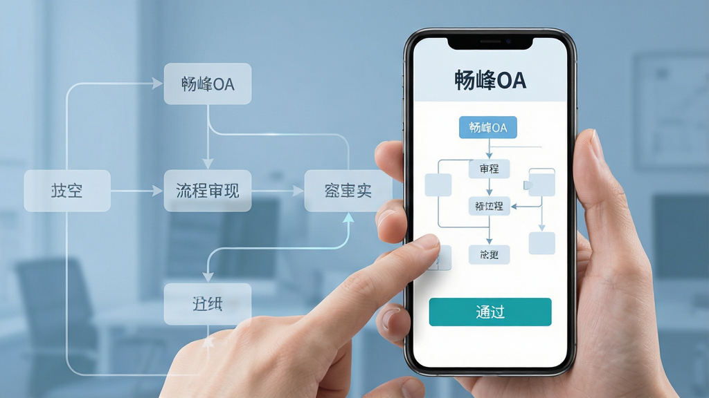 主体为一只手持智能手机,屏幕显示“畅峰OA”审批流程图与通过按钮;布局为手机占据画面中心偏右,左侧叠加半透明的流程节点连线;排版干净利落,重点突出屏幕内容;风格为写实商务摄影感插画,冷色调背景;细节上手指点击动作自然,界面文字清晰,流程线条流畅;画质高清,干净,无多余元素
