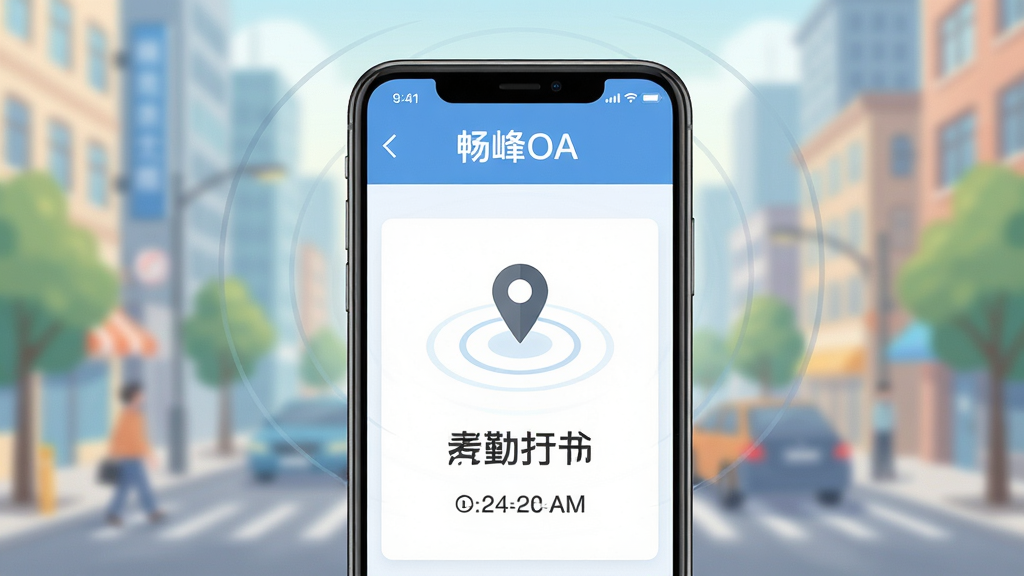 主体为手机屏幕显示“畅峰OA”考勤打卡成功页面,带有定位图标与时间戳;布局为手机竖屏居中,背景为模糊的城市街景;排版突出打卡成功提示与时间信息;风格为清新明亮的生活化插画;细节上定位波纹扩散效果自然,色彩柔和;画质高清,干净,无多余元素