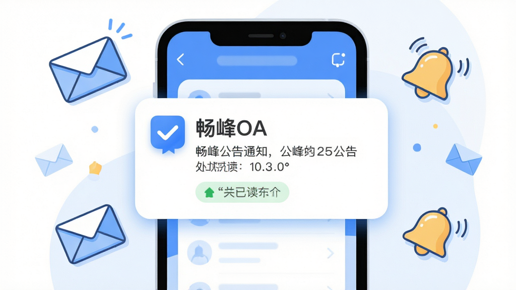 主体为手机屏幕弹出“畅峰OA”公告通知卡片,带有已读人数统计;布局为手机居中,周围漂浮信封与铃铛图标;排版简洁,重点突出通知内容;风格为轻快商务插画,蓝白配色;细节上卡片圆角柔和,图标线条简洁;画质高清,干净,无多余元素