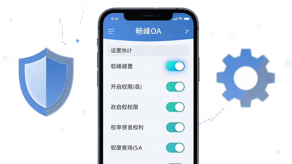 主体为手机屏幕显示“畅峰OA”设置页面与权限开关列表;布局为手机居中,旁边有盾牌与齿轮图标;排版清晰,突出权限开启状态;风格为简洁科技感插画,蓝灰配色;细节上开关按钮高亮,文字可辨;画质高清,干净,无多余元素