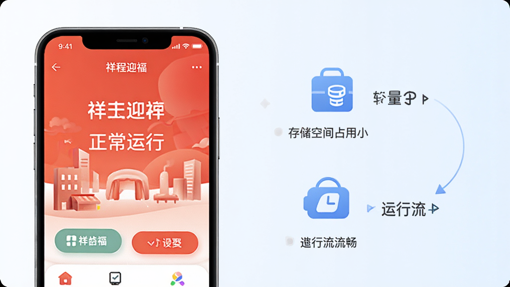 祥程迎福软件轻量运行概念图,画面左侧展示一部手机屏幕显示祥程迎福应用正常运行,右侧以简洁的图标形式表现存储空间占用小、运行流畅的特点,整体构图平衡,背景为浅色渐变,风格简约现代,画质高清,无多余装饰元素