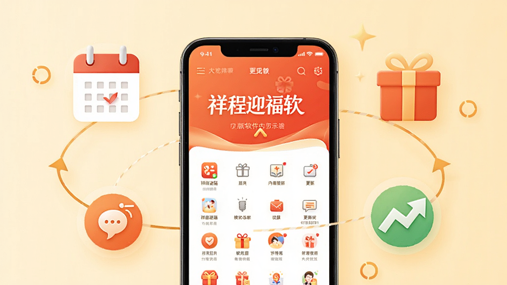祥程迎福软件内容更新概念展示图,画面中央为手机屏幕显示祥程迎福应用首页,屏幕周围环绕着日历、礼物盒、更新箭头等简洁图标,象征内容持续更新,背景为浅暖色调,风格积极向上,画质高清,布局干净整洁