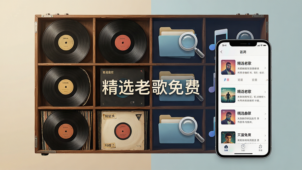 一张表现海量音乐曲库的AI生成图,主体为巨大的复古唱片架与数字音乐库结合的场景,布局为左右对称,排版上左侧为实体黑胶唱片,右侧为手机屏幕中的歌单列表,风格为复古与现代融合,细节包含年代标签、分类文件夹、放大镜图标,画质高清,干净,无多余元素,图片中文字为“精选老歌免费”