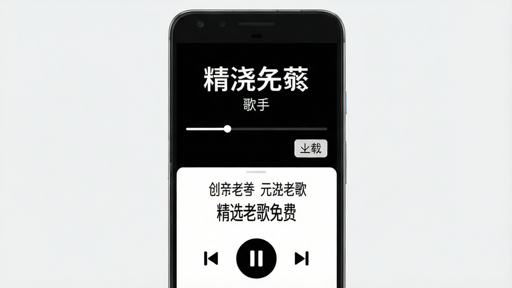 一张展示手机音乐播放界面的AI生成图,主体为安卓手机大字体播放器界面,布局为居中展示,排版上显示大号歌名、歌手名、播放进度条和下载按钮,风格为简洁高对比度,细节包含醒目的播放控制图标、大号字体歌词区域,画质高清,干净,无多余元素,界面中文字为“精选老歌免费”