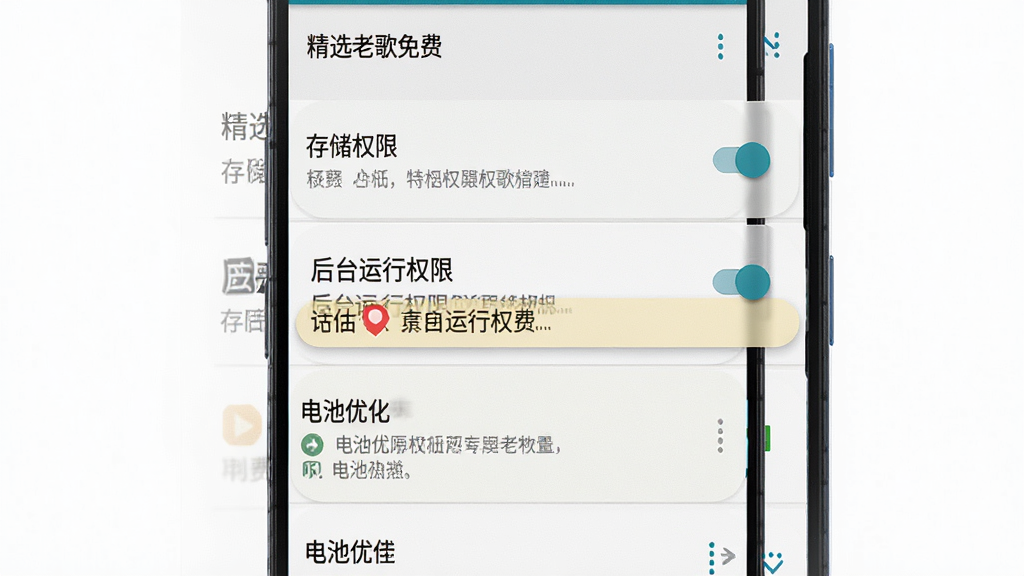 一张展示手机应用权限设置界面的AI生成图,主体为安卓手机设置页面,布局为纵向列表,排版上显示存储权限、后台运行权限、电池优化等选项,风格为简洁系统风,细节包含权限开关按钮、高亮提示框,画质高清,干净,无多余元素,界面中文字为“精选老歌免费”