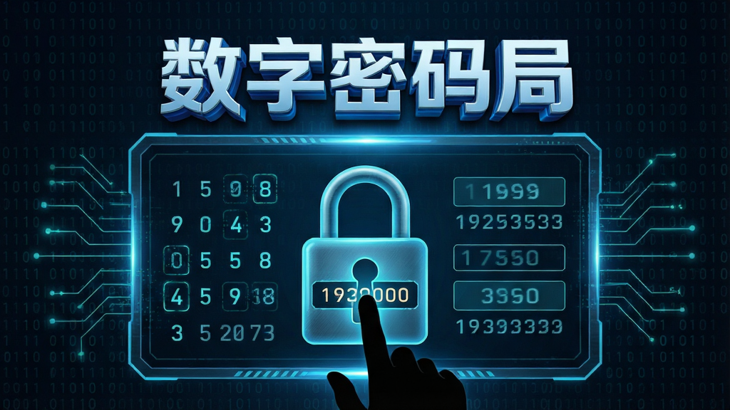 一张展示数字密码局核心全貌的宣传图。主体是一个充满科技感的数字密码锁界面,屏幕上显示着各种数字排列和密码输入框。布局采用中心对称设计,上方是软件名称“数字密码局”的立体Logo。排版简洁明了,风格为现代科技感与神秘感结合。细节包括发光的数字线条、二进制代码背景、一个正在输入密码的手指剪影。画质高清,画面干净,无多余元素。