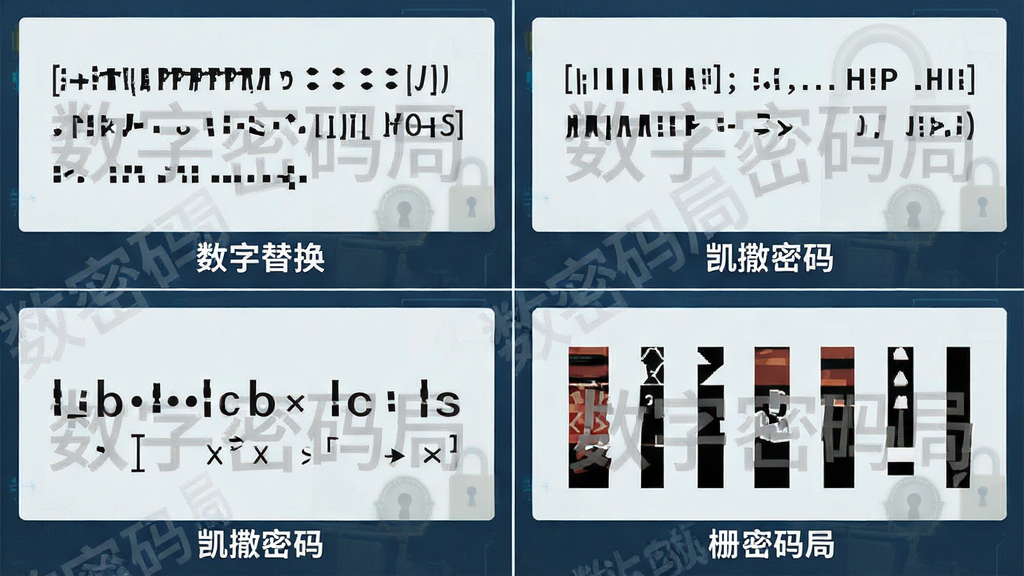 一幅展示数字密码局多种密码类型的示意图。主体是四个并列的密码解析区域,分别展示数字替换、摩斯电码、凯撒密码和栅栏密码的示例。布局采用四宫格排版,风格为教育科普风。细节包括每个区域下方的简要说明文字和“数字密码局”的水印。画质高清,画面干净,无多余元素。
