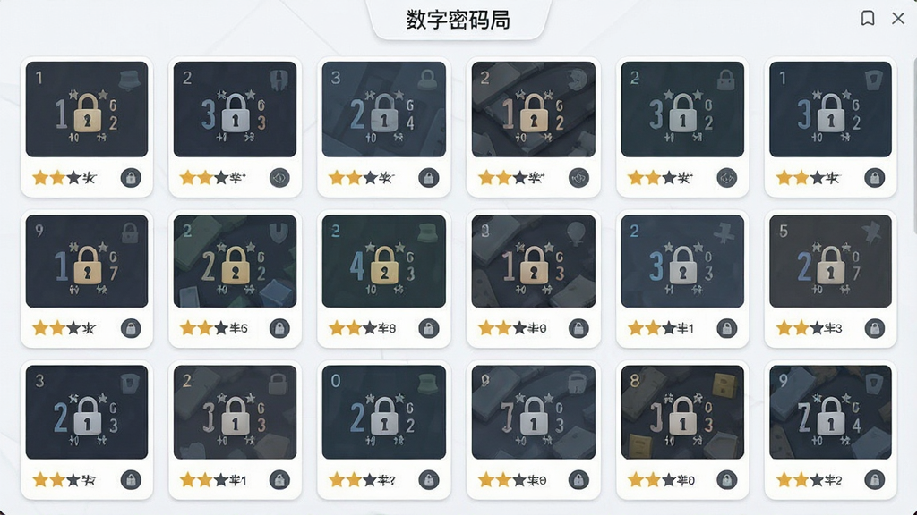 一幅展示数字密码局谜题选择界面的图片。主体是一个整齐排列的谜题卡片网格,每张卡片上标有不同难度的数字密码图案和关卡编号。布局采用网格状排版,风格为清新简约的卡片设计。细节包括卡片上的星级难度标识、解锁状态图标以及“数字密码局”的页面标题。画质清晰,画面干净,无多余元素。