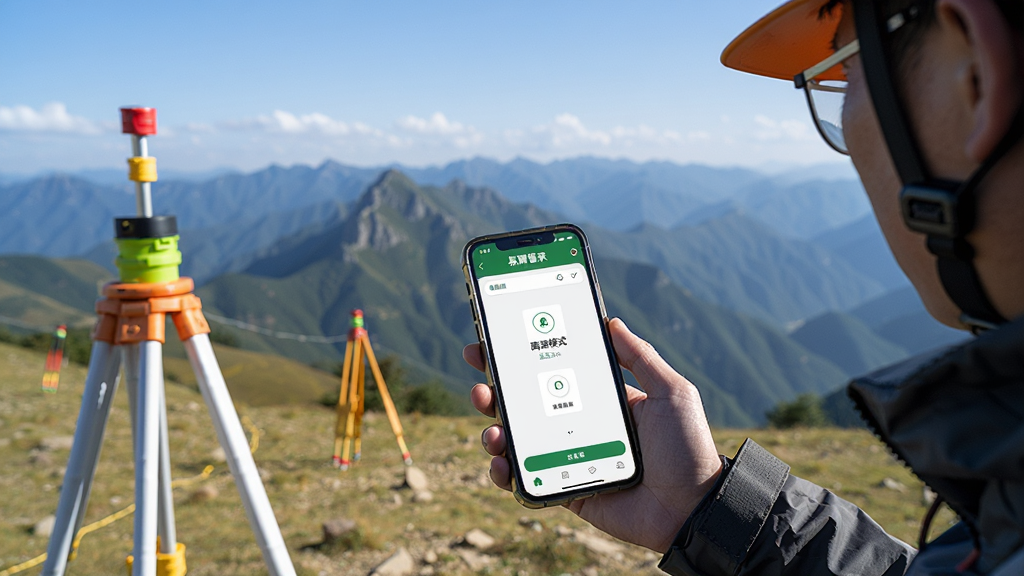 户外山区场景,一位测量人员站在山坡上使用手机打开