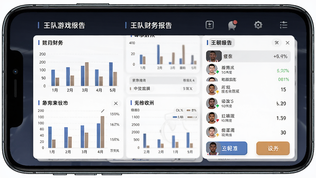 篮球经理:王朝游戏内球队经营数据面板,画面主体是手机屏幕显示球队财务报表和球员名单,布局规整,排版清晰,风格简约商务,细节包括柱状图、数字表格和图标按钮,画质高清,干净,无多余元素