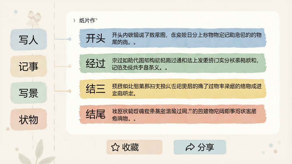 纸片作文范文浏览界面,画面左侧竖排显示分类标签“写人”“记事”“写景”“状物”,右侧展示一篇范文的段落结构图,用不同颜色标注开头、经过、结尾,底部有“收藏”“分享”按钮,整体风格简约清新,浅色背景,无多余装饰,高清画质。