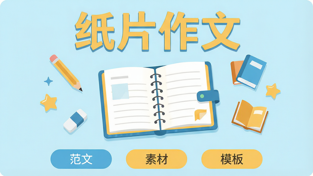 纸片作文软件主界面展示,画面中央放置一本翻开的电子笔记本,周围漂浮着铅笔、橡皮、书本和星星图标,顶部用大字标注“纸片作文”,底部展示范文、素材、模板三个功能按钮,整体采用清新浅蓝与暖黄配色,扁平化插画风格,画面干净整洁,无多余元素,高清画质。