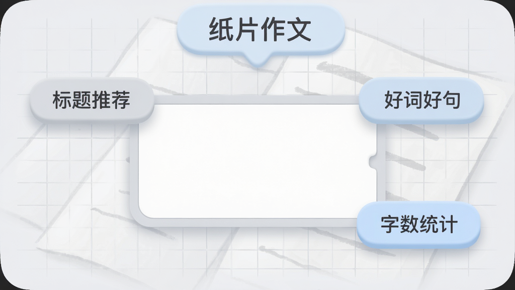 纸片作文写作辅助界面,画面中央显示一个文本框,周围环绕“标题推荐”“好词好句”“字数统计”三个悬浮按钮,背景有淡淡的网格线,顶部标注“纸片作文”字样,整体采用柔和圆角设计,浅灰与淡蓝配色,画面干净无杂乱元素,高清画质。