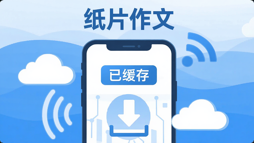纸片作文离线缓存功能示意图,画面展示一部手机屏幕,屏幕内显示“已缓存”标签和下载箭头图标,手机周围有云朵和信号波纹图案,顶部用文字标注“纸片作文”,整体为扁平化科技风格,蓝色与白色为主色调,画面简洁明快,无多余元素,高清画质。