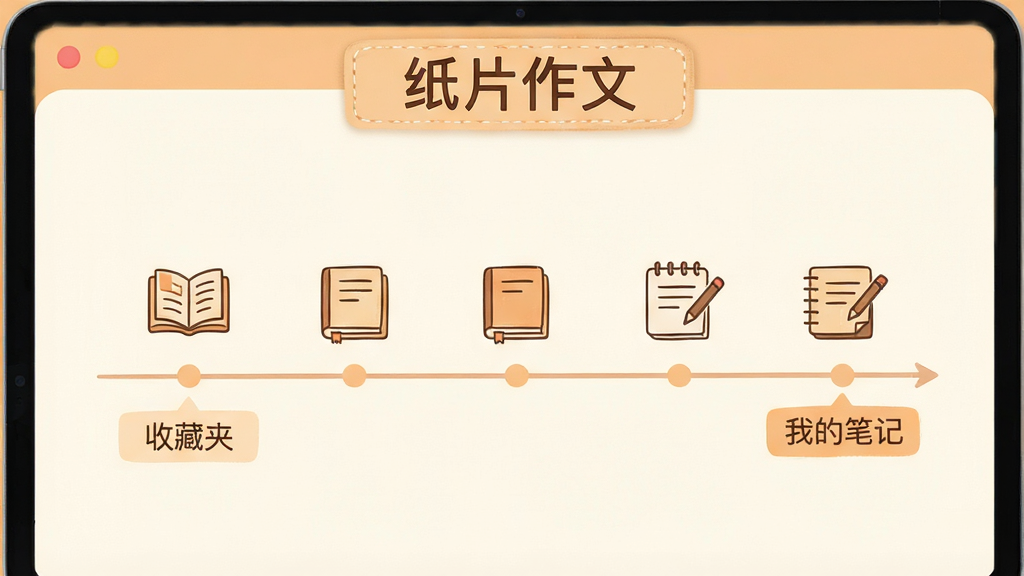 纸片作文学习记录界面,画面中央展示一条时间线,时间线上分布着书本图标和笔记图标,旁边有“收藏夹”“我的笔记”文字标签,顶部标注“纸片作文”,整体采用暖色调,米白与浅橙配色,布局清晰,干净整洁,高清画质。