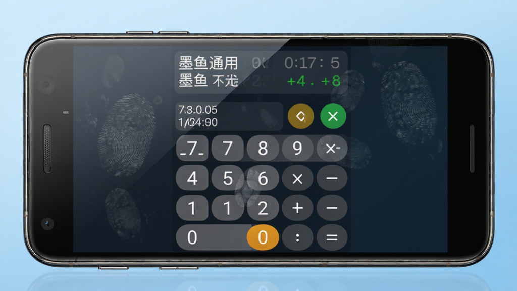 一张展示墨鱼通用计算器软件界面的图片。主体为一部安卓手机,屏幕上显示着墨鱼通用计算器的标准计算器界面,数字按键清晰,顶部显示历史计算记录。背景为干净的浅蓝色渐变,布局居中,风格简洁现代,细节包括手机边框的反光和屏幕上的轻微指纹痕迹,高画质,干净,无多余元素。