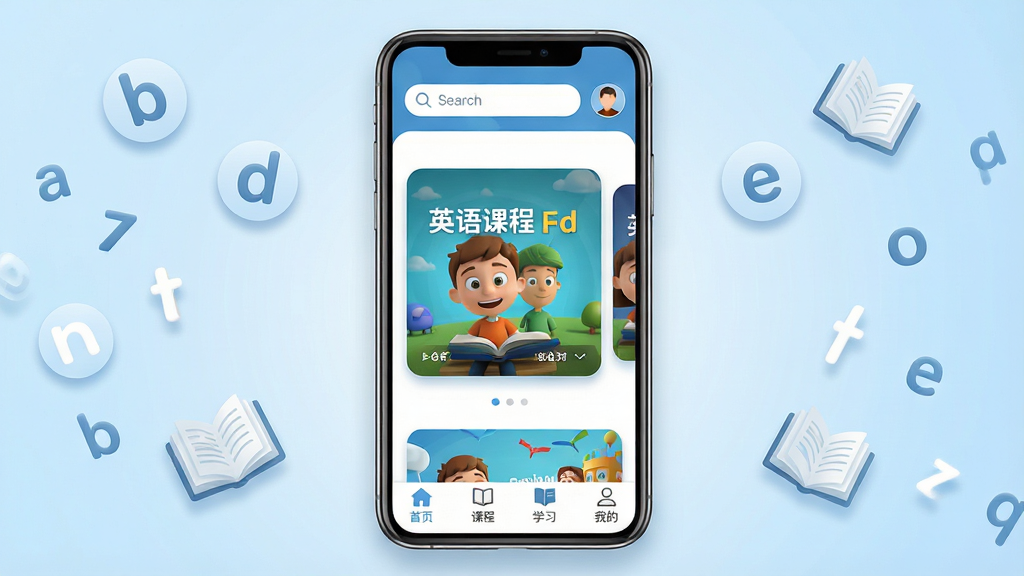 英语王手机应用主界面展示,画面中央是一部智能手机,屏幕显示英语王APP首页,顶部有搜索栏和用户头像,中间是英语动画课程封面轮播图,底部导航栏包含首页、课程、学习、我的四个图标;背景为浅蓝色渐变,周围漂浮着英文字母和书本图标;布局居中对称,风格清新简洁,细节包括圆形图标和柔和阴影,画质高清,干净,无多余元素
