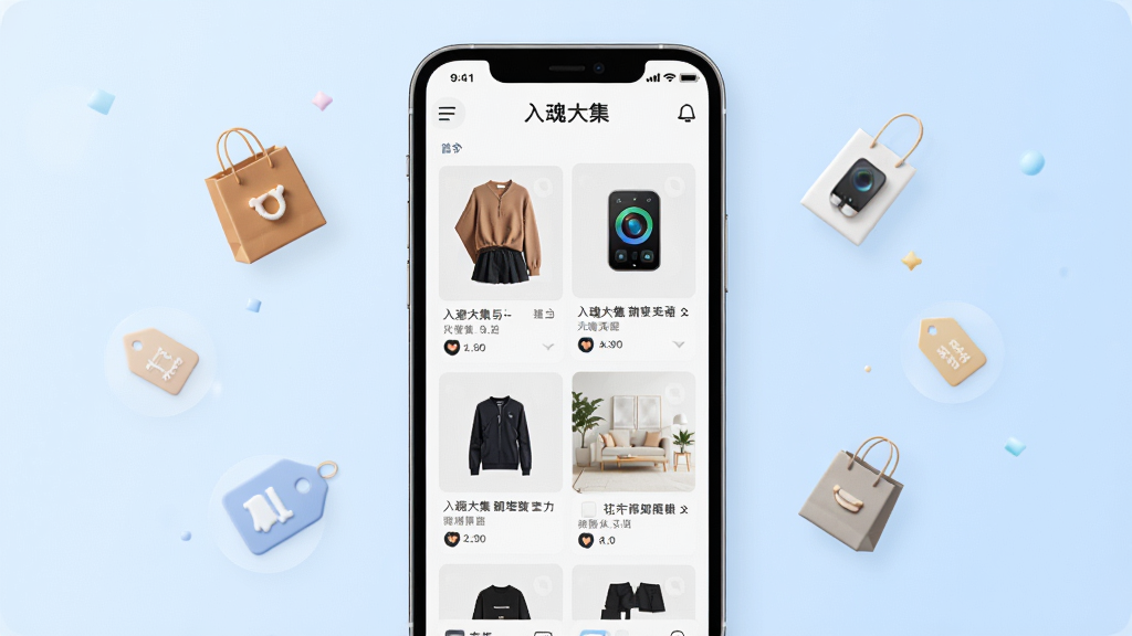 入魂大集APP主界面展示图,画面中央是一部智能手机,屏幕上显示入魂大集的首页商品瀑布流,包含服饰、数码、家居等多品类商品卡片,手机周围散落着几个小巧的购物袋和标签图标,背景为柔和的浅蓝色渐变,整体风格清新简约,细节清晰,画质干净,无多余元素,文字内容包含“入魂大集”字样,高清渲染