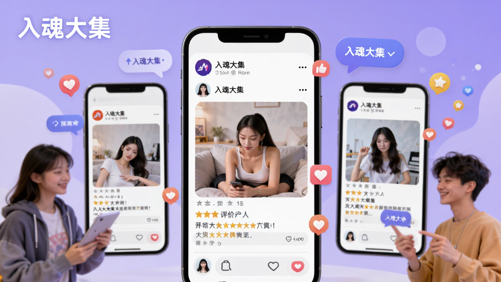 入魂大集社区互动场景图,画面中展示多位用户在手机屏幕上浏览入魂大集社区帖子,帖子包含商品晒单图片和评价文字,周围有对话气泡和点赞图标,背景为淡紫色渐变,风格活泼现代,细节清晰,画质干净,无多余元素,图片中带有“入魂大集”文字标识,高清渲染