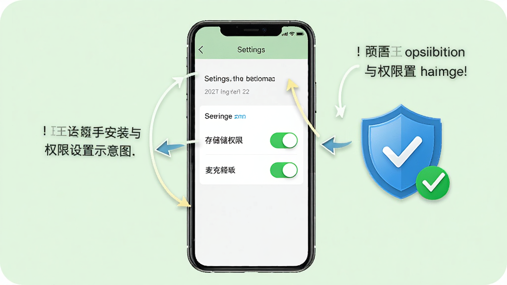 英语王新手安装与权限设置示意图,画面中一部手机显示设置界面,有存储权限和麦克风权限的开关按钮,旁边有盾牌图标和勾选标记;布局为手机居中,背景为浅绿色,风格安全可靠,细节包括提示文字和箭头指引,画质高清,干净,无多余元素